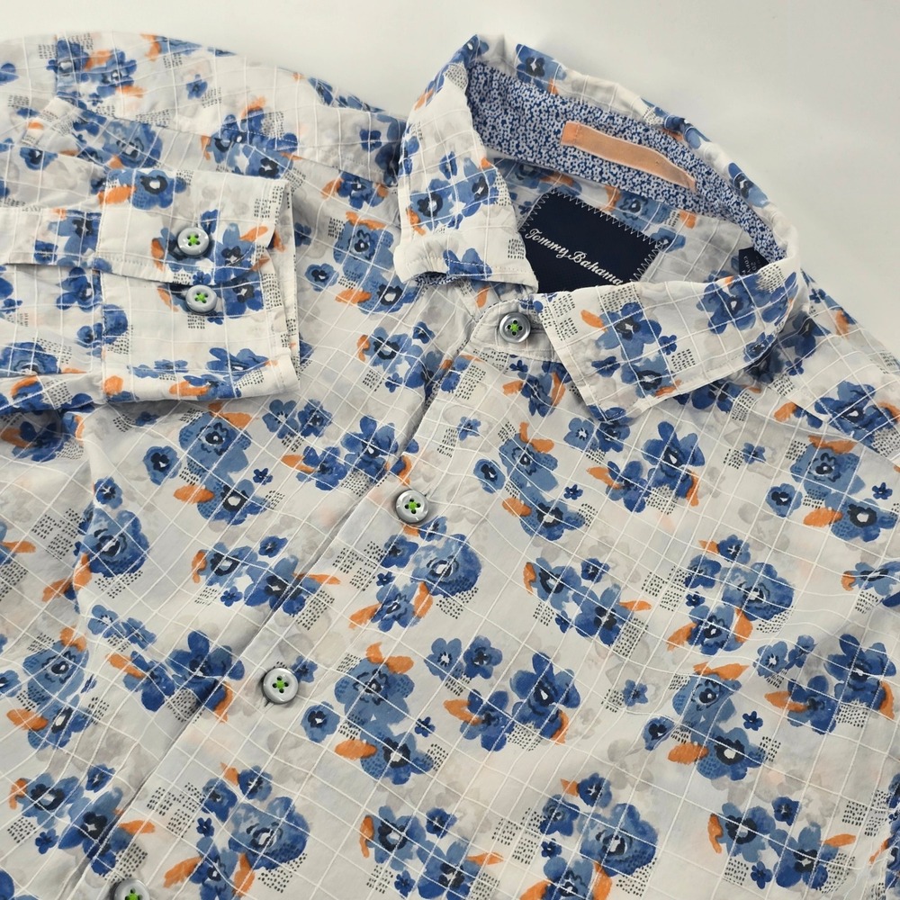 Tommy Bahama Button Up Shirt Mens Small White Blue Floral Silk Blend Grid